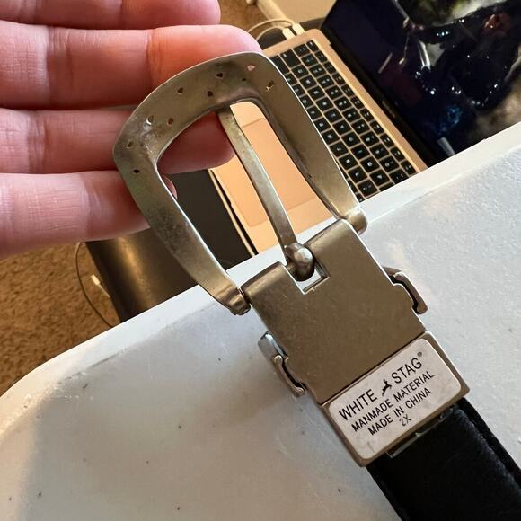 Vintage 90s Brown Vegan Leather Silver Chunky Buckle Belt Size Large - Picture 7 of 10